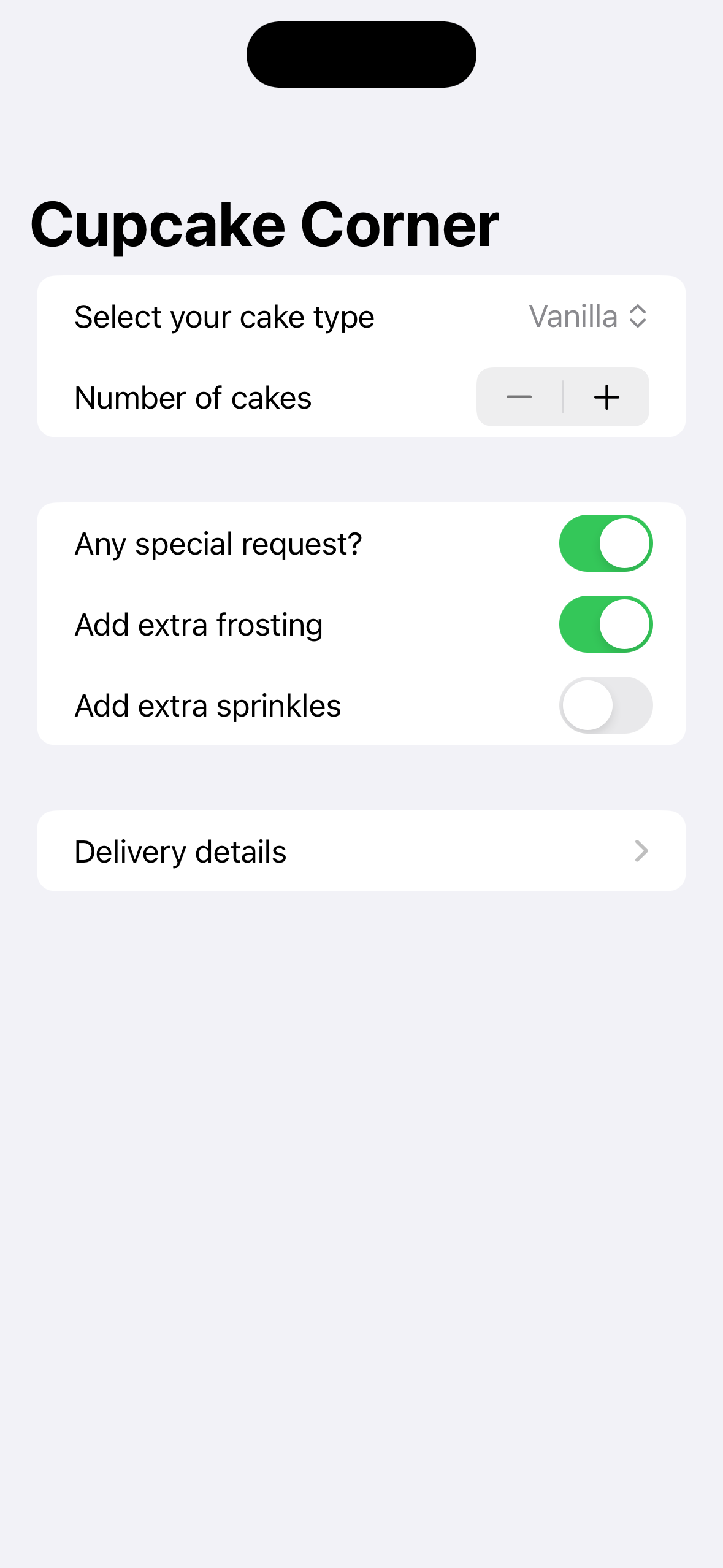 A form asking for the type of cupcake, the number of them, and if there are any special requests