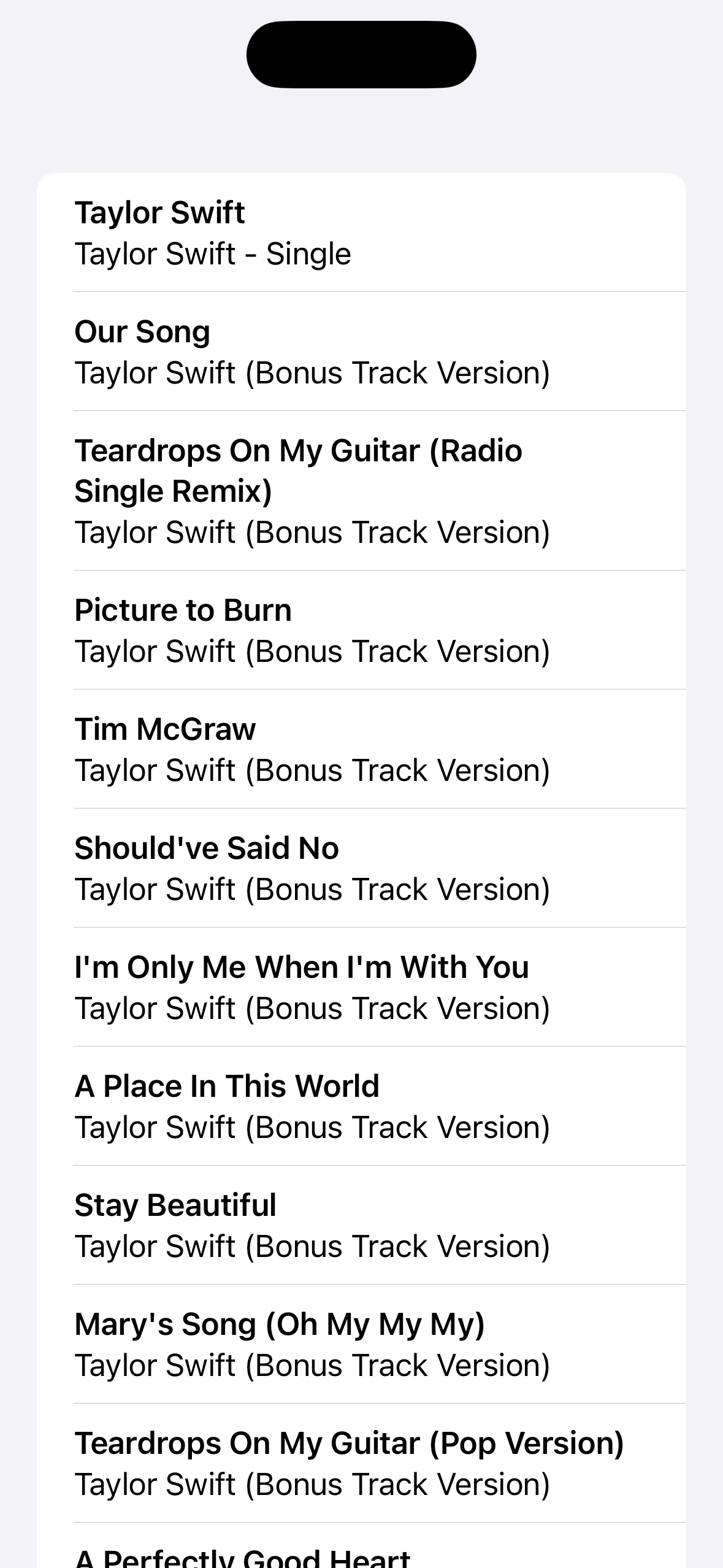 A list with Taylor Swift's songs retrieved from the internet