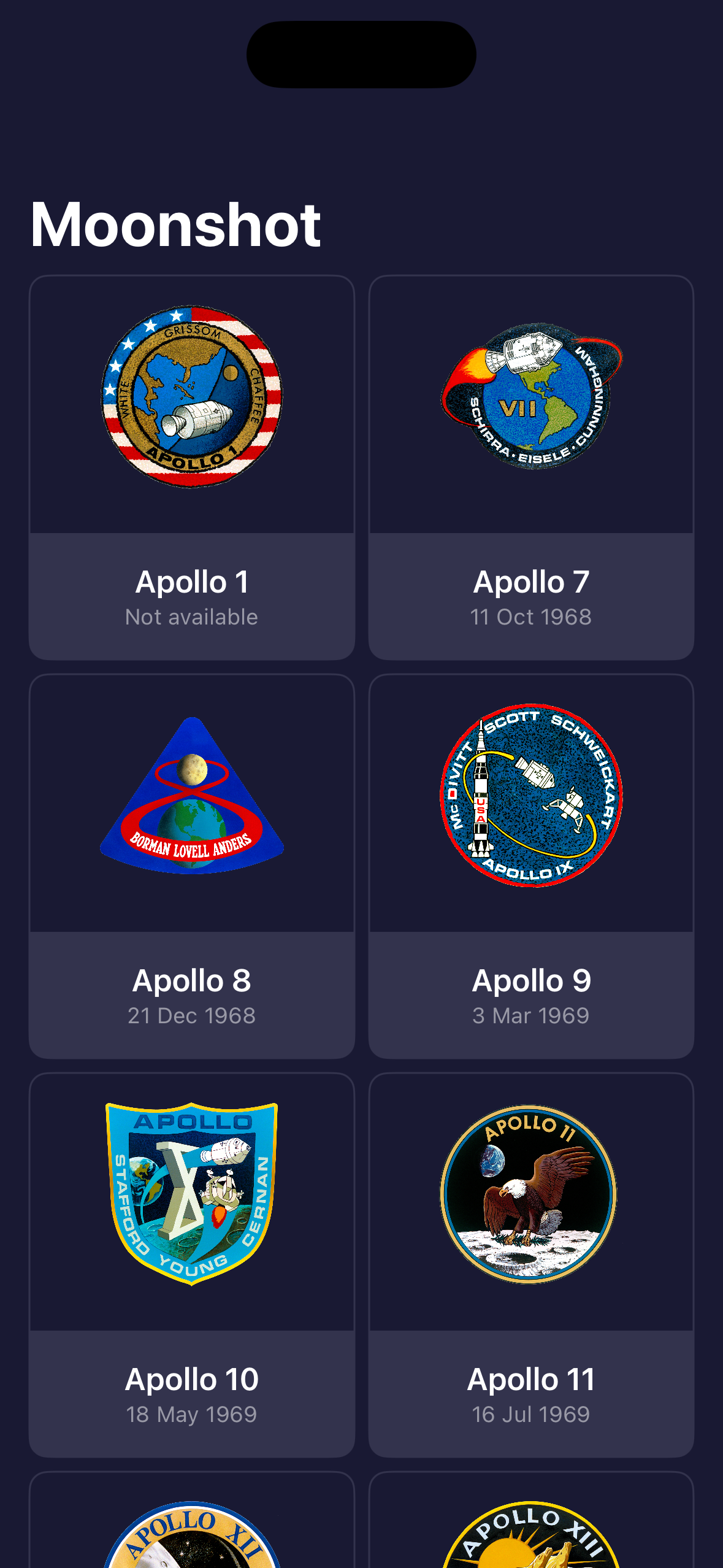 A grid view with the logos of Appolo's missions, their name and the launch date