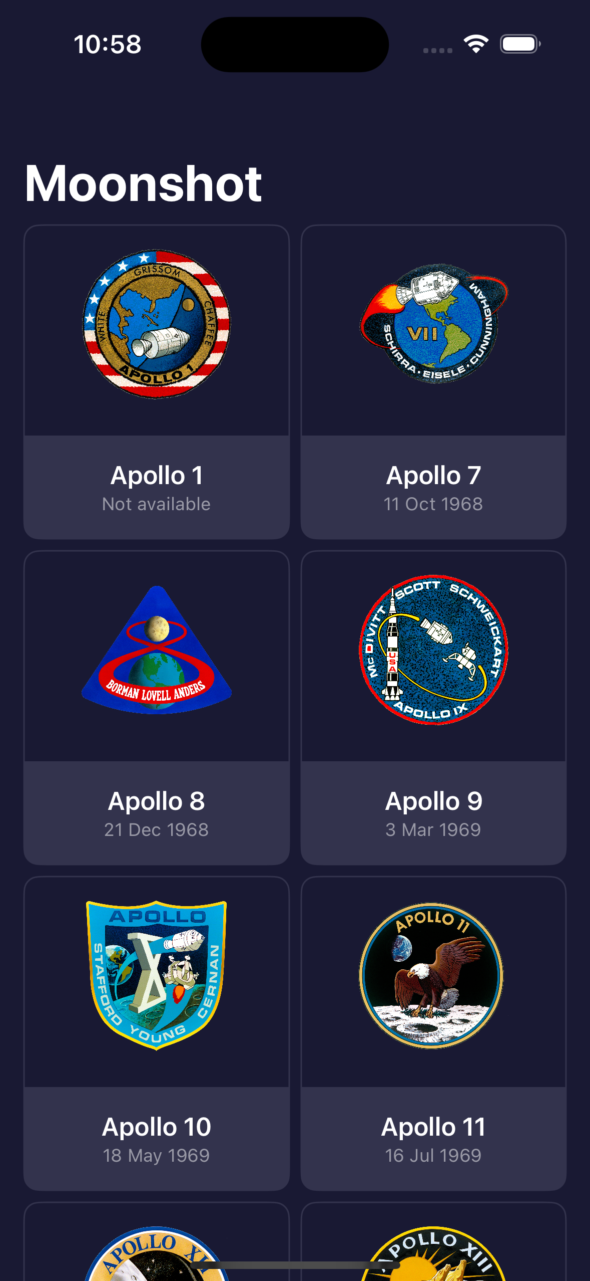 A grid view with the name of the missions and their launch date